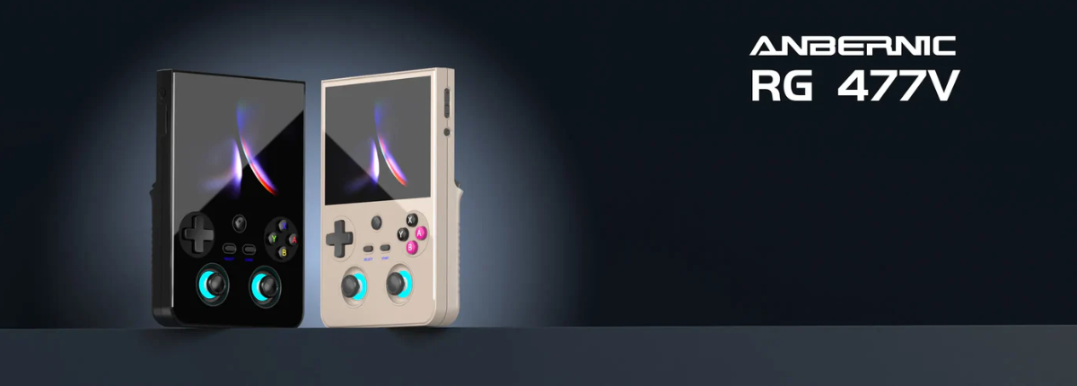 Two gaming consoles, one black and one beige with colorful displays, on a dark background with 'Anbernic RG 477V' branding.