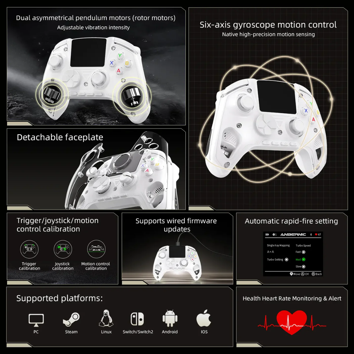 White gaming controller with features highlighted on a black background