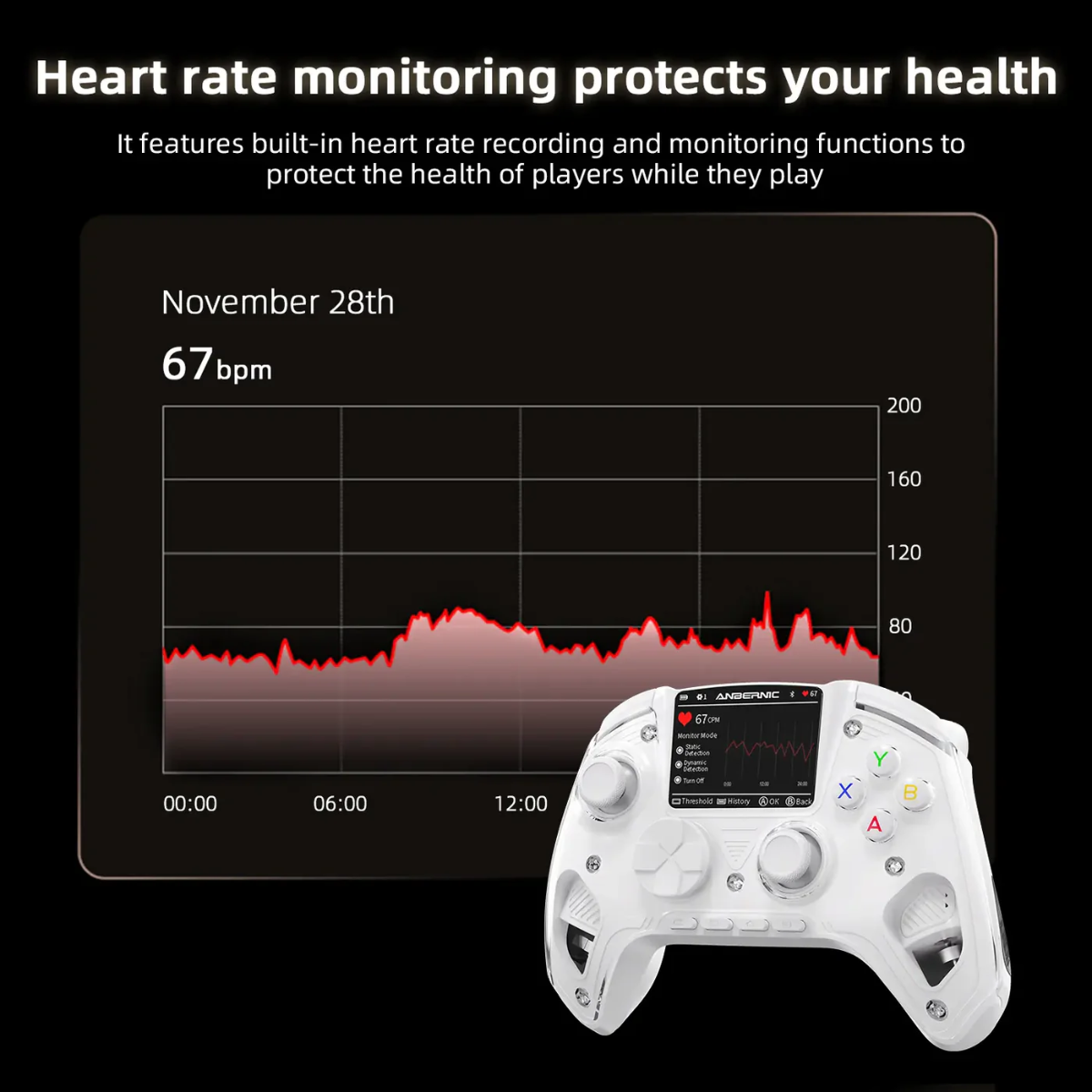 Gaming controller with heart rate monitoring display on a black background