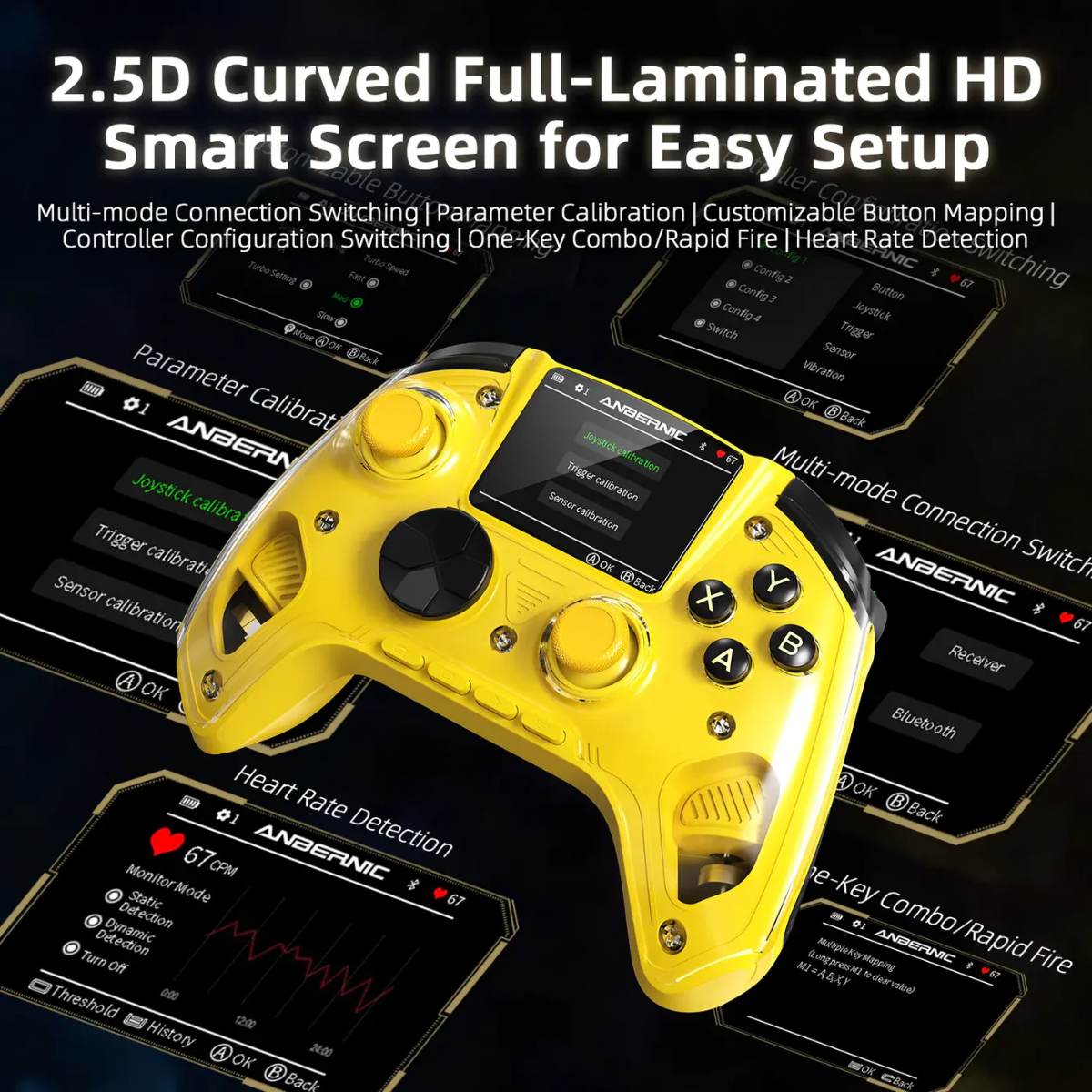 Yellow gaming controller with digital display on a dark background