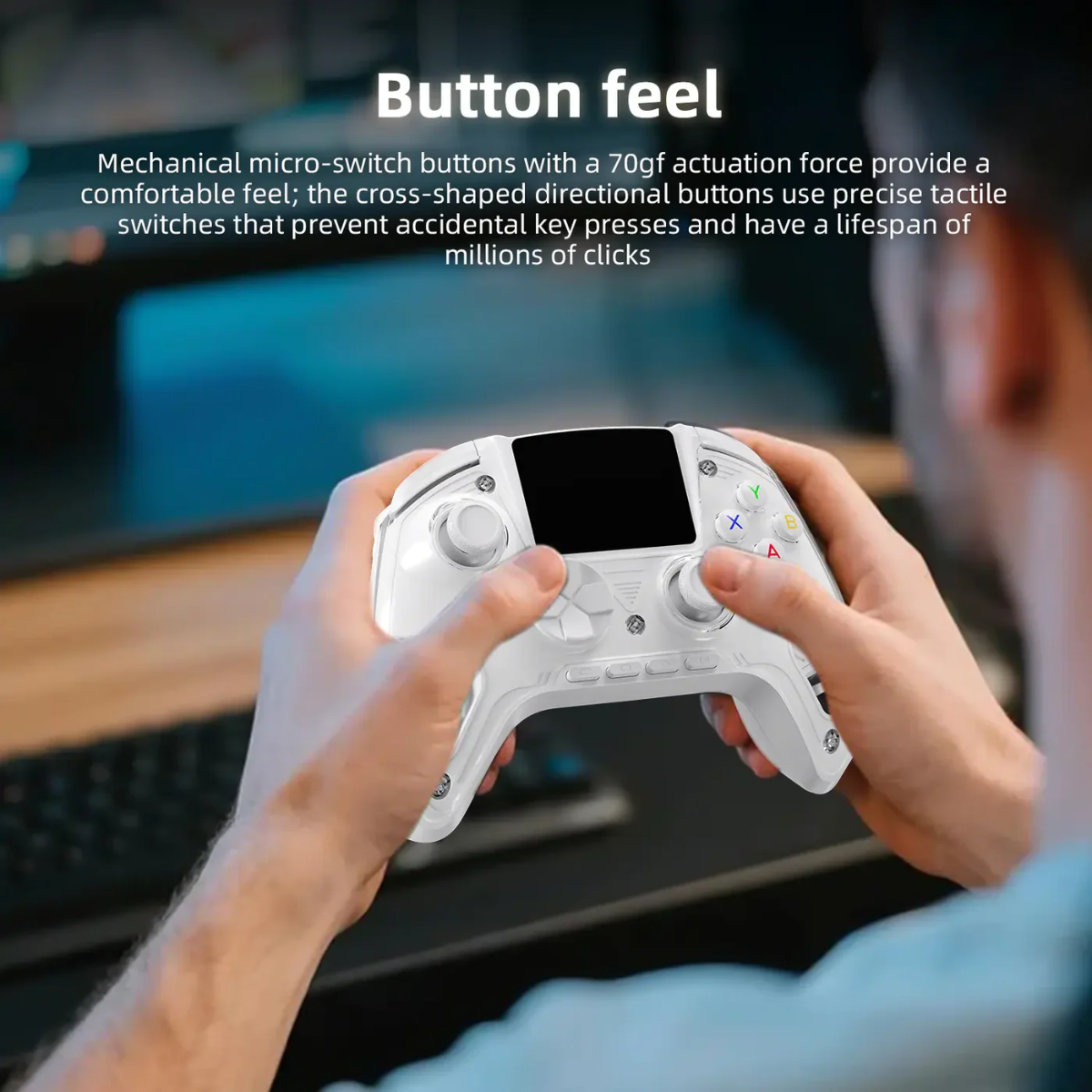 Person holding a gaming controller with text about button feel and switch quality.