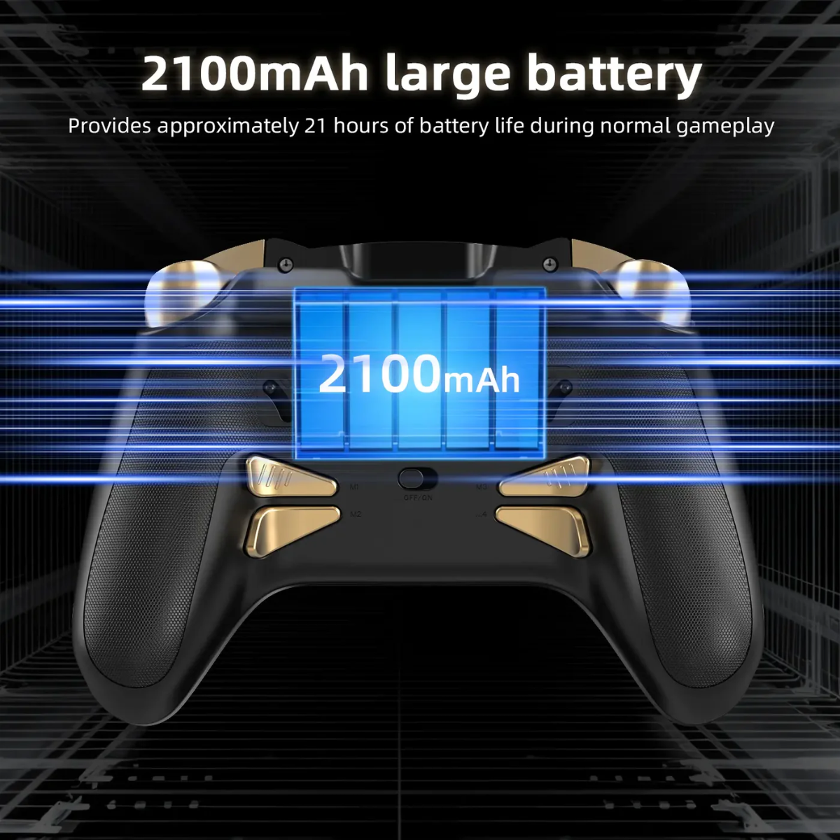 Gaming controller with 2100mAh battery indicator on a dark background