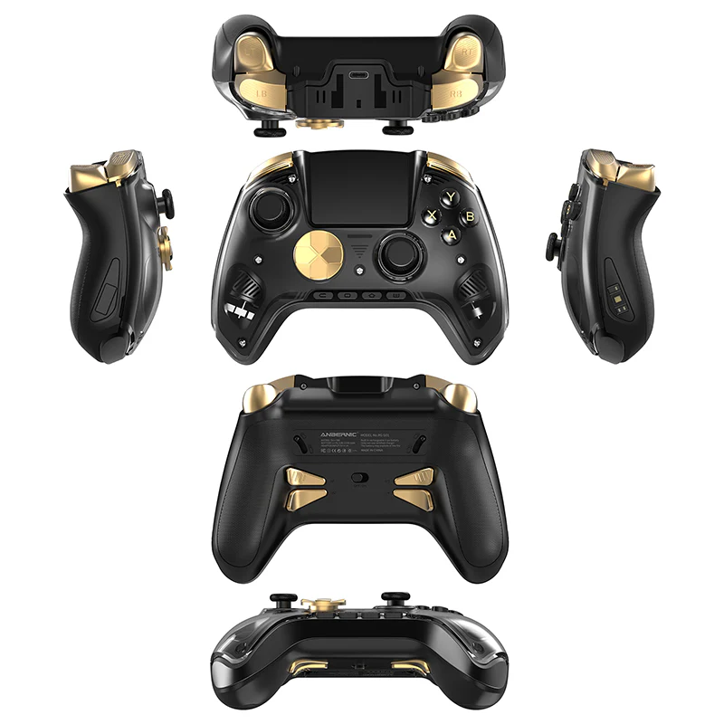 Black and gold gaming controller with multiple views on a white background