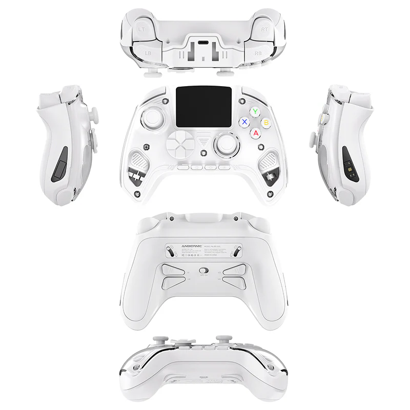 White gaming controller with multiple views on a white background