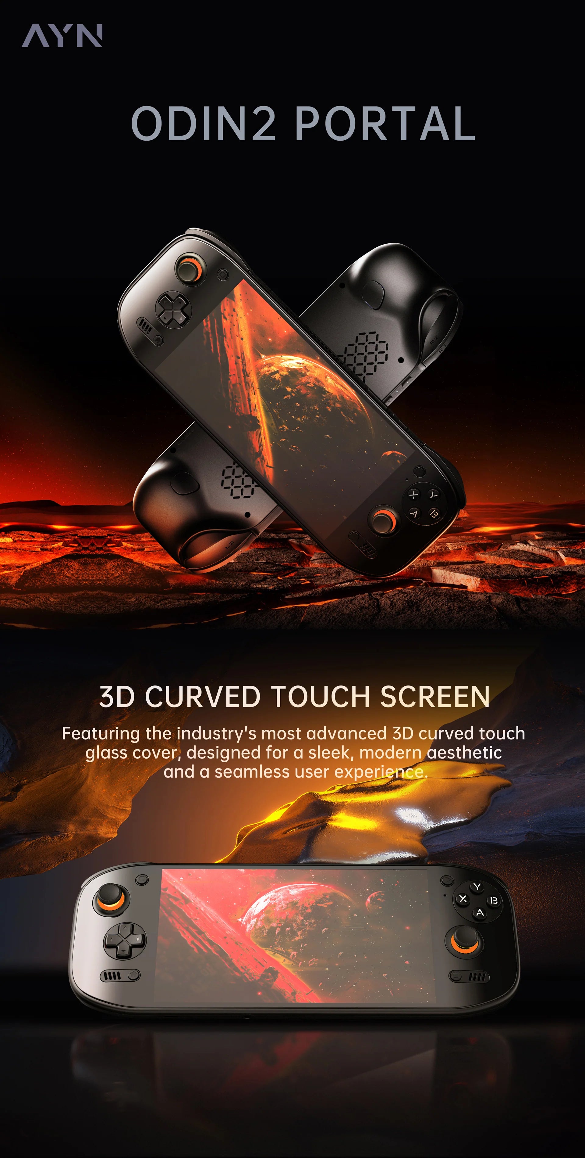 Gaming device with 3D curved touch screen on a dark background