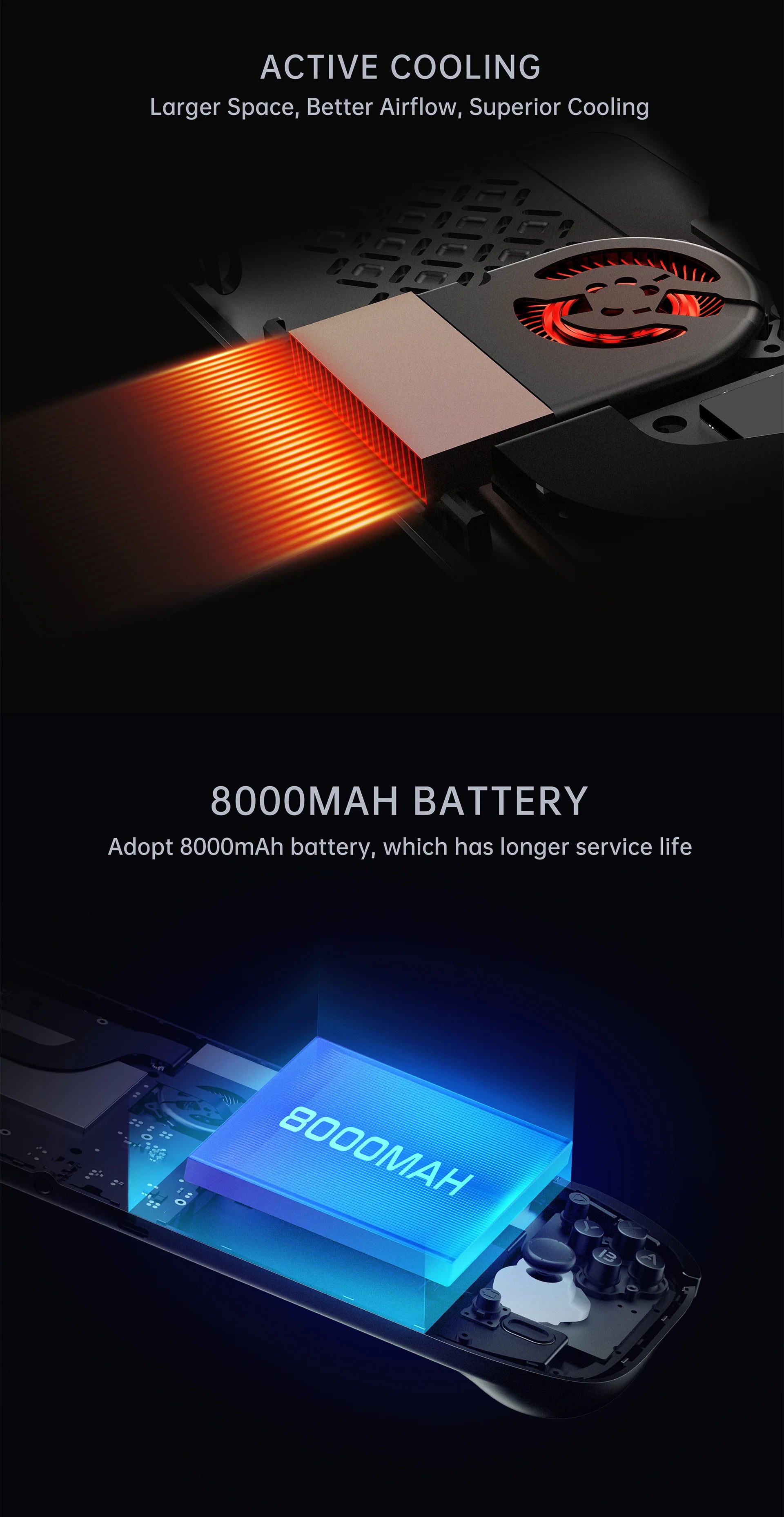 Close-up of a device with cooling system and 8000mAh battery on a black background
