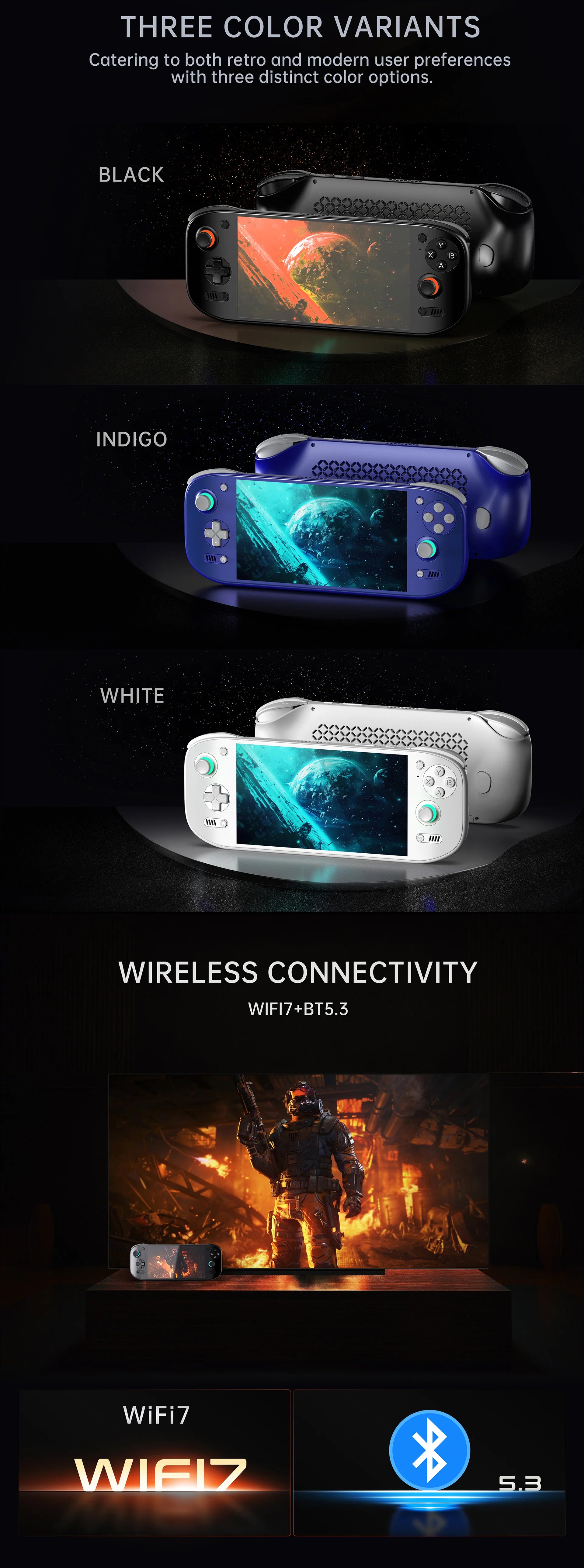 Three color variants of a gaming console with wireless connectivity features displayed.