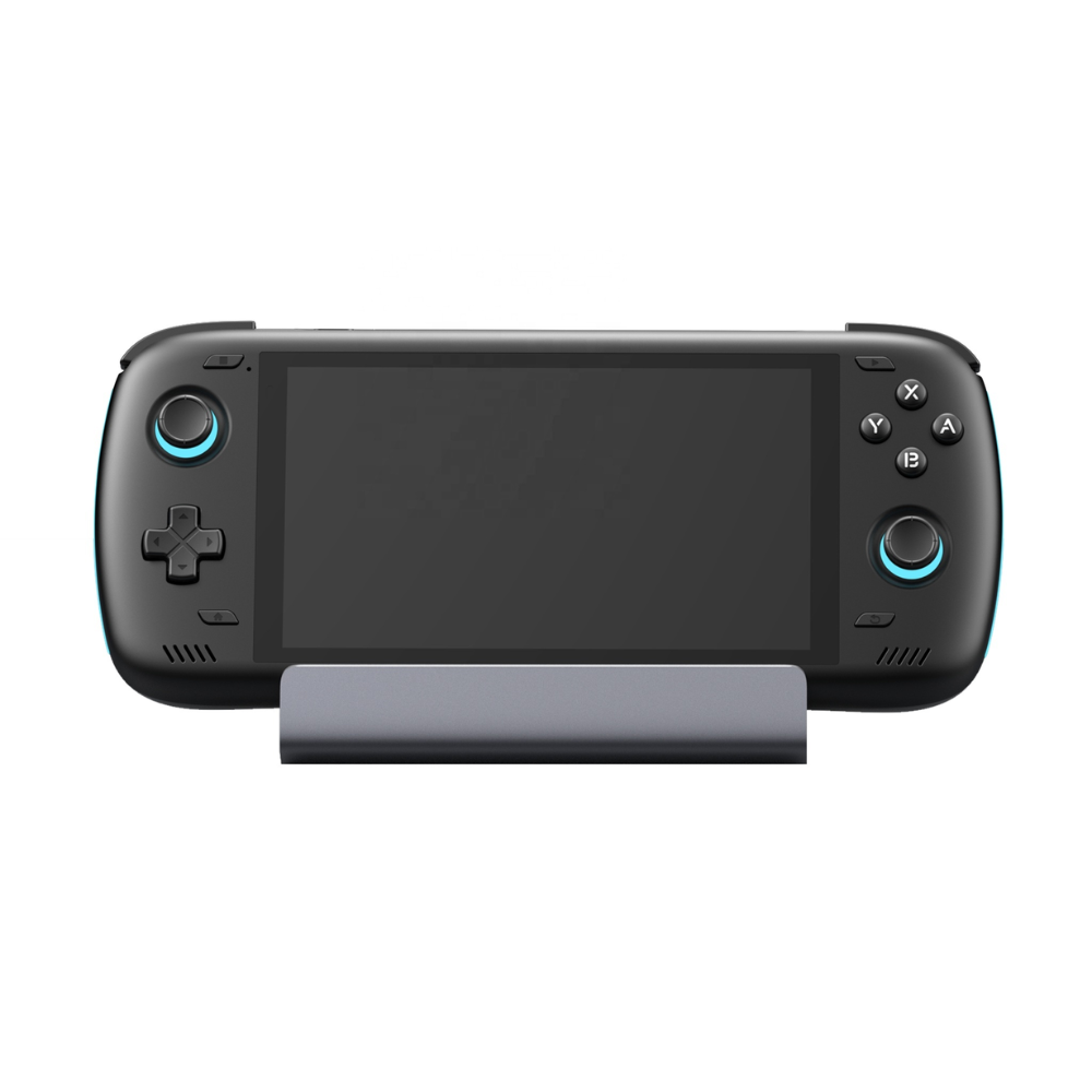 Black handheld gaming console with a stand on a white background