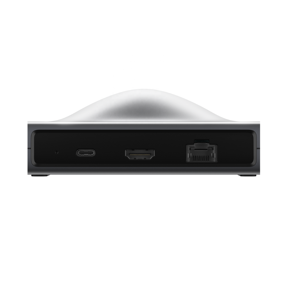 Side view of a metallic device with ports on a white background