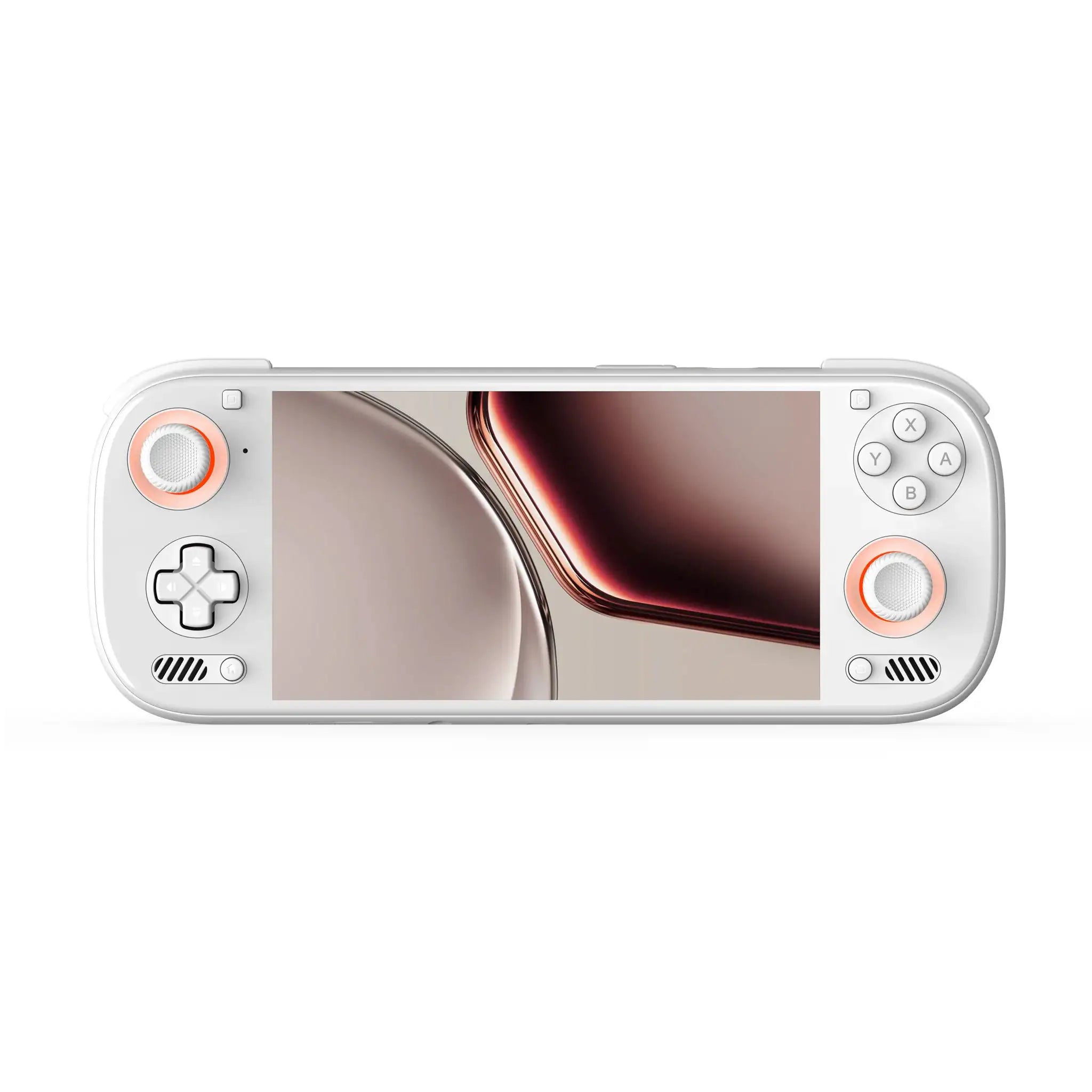 White handheld console with a screen displaying a game on a white background