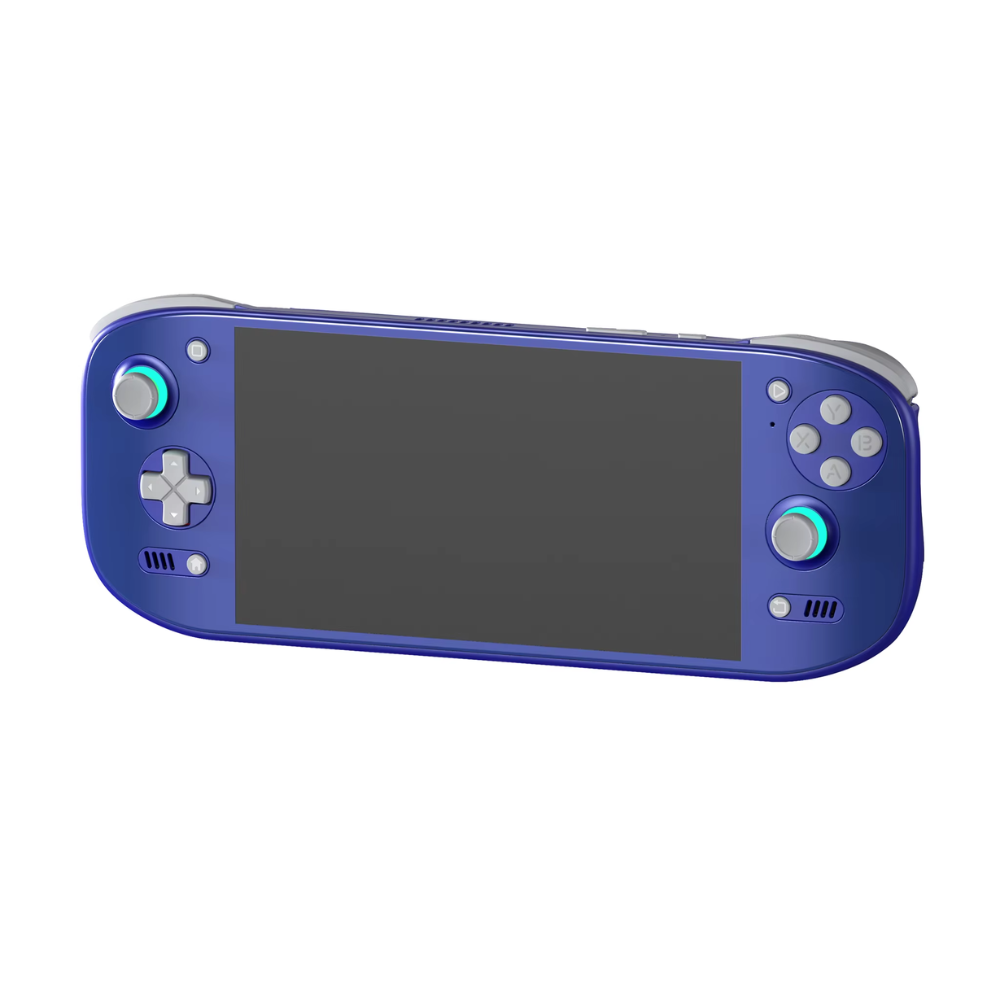 Blue handheld gaming console with screen and control buttons on a white background