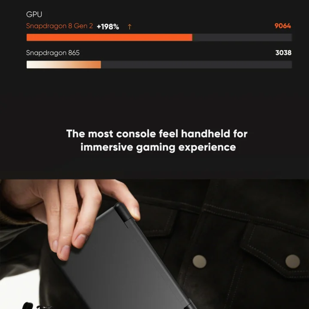 Hand holding a gaming console with performance stats on a black background