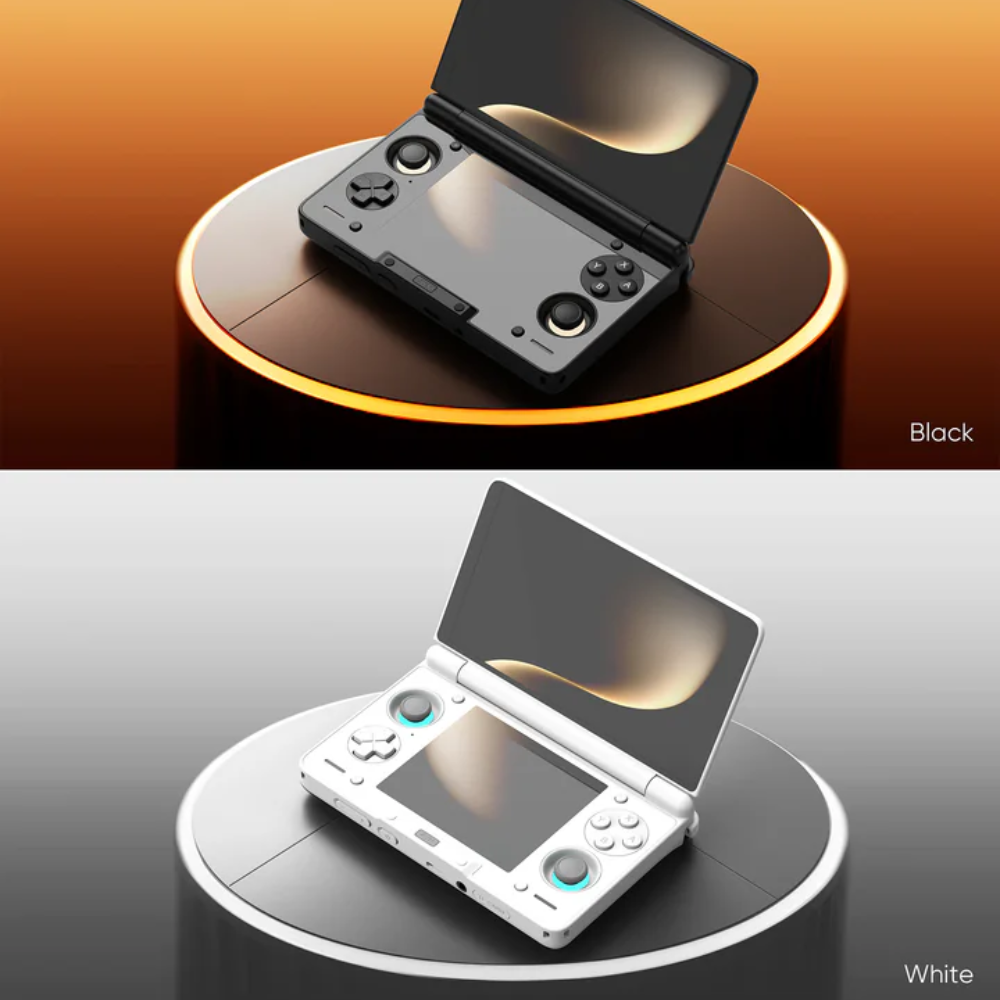 Black and white portable gaming devices on round platforms with gradient backgrounds
