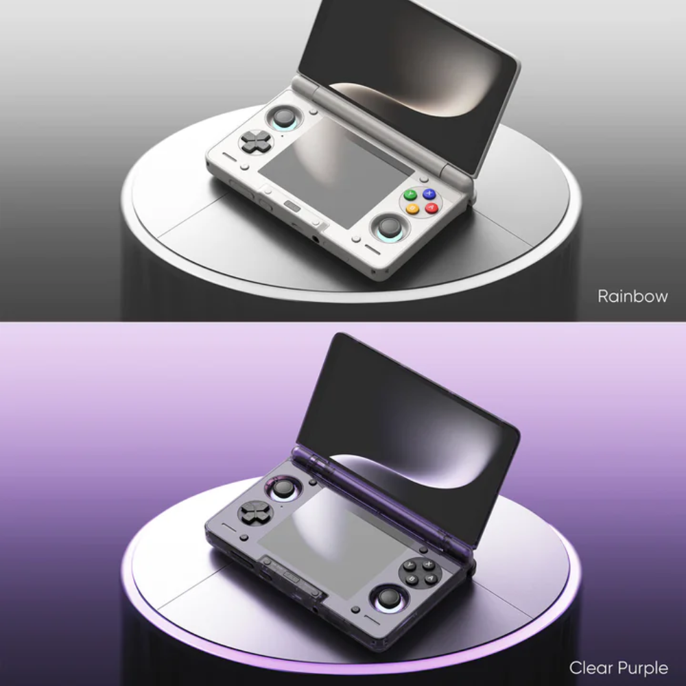 Two gaming consoles on round platforms with 'Rainbow' and 'Clear Purple' color options.
