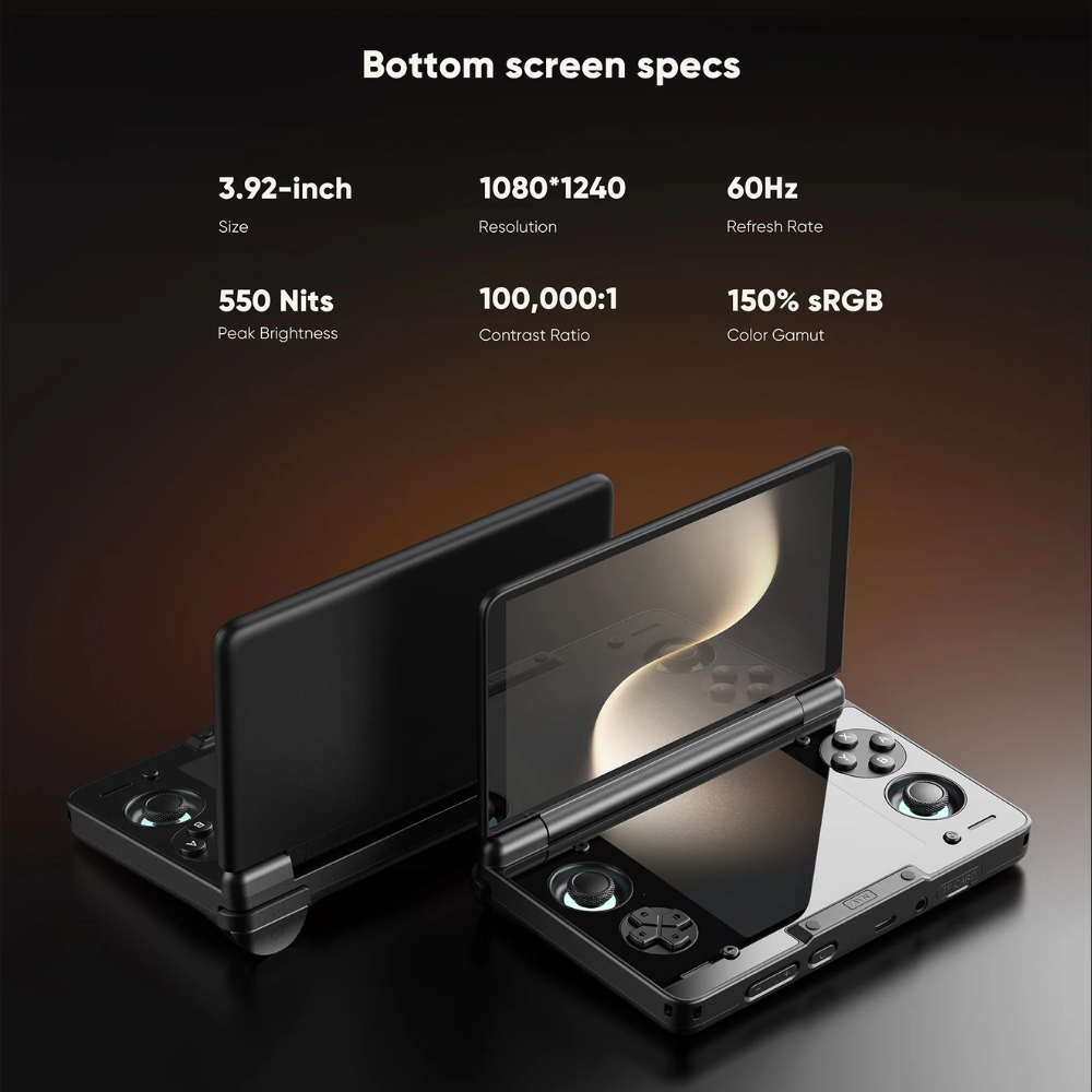 Foldable device with bottom screen specifications displayed on a dark background