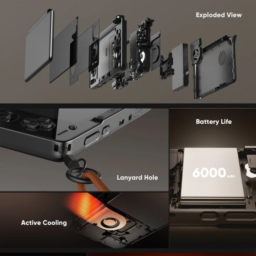 Technical diagram of a device with exploded view, battery life indicator, lanyard hole, and active cooling feature.