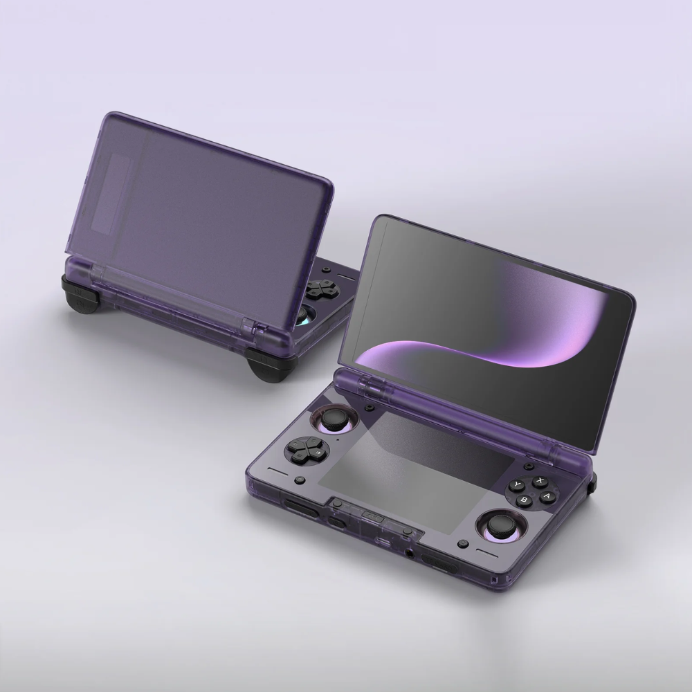 Purple handheld gaming console on a light gray background