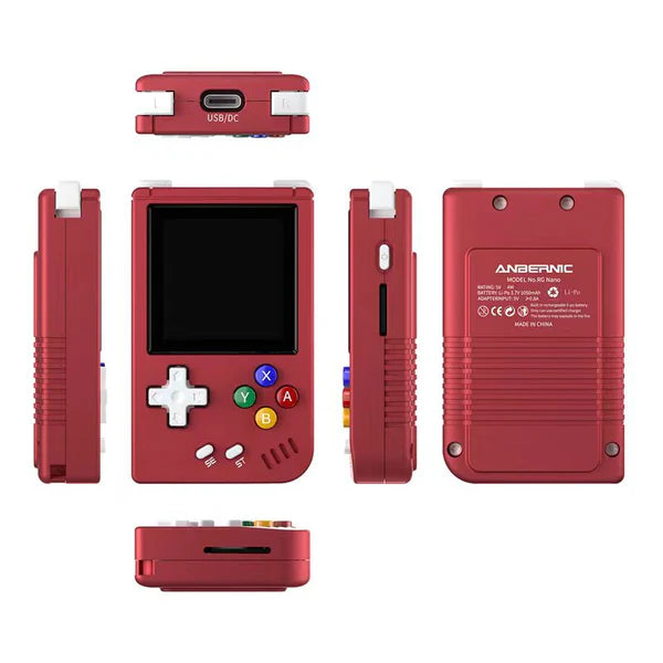 Red handheld gaming console with multiple views on a white background