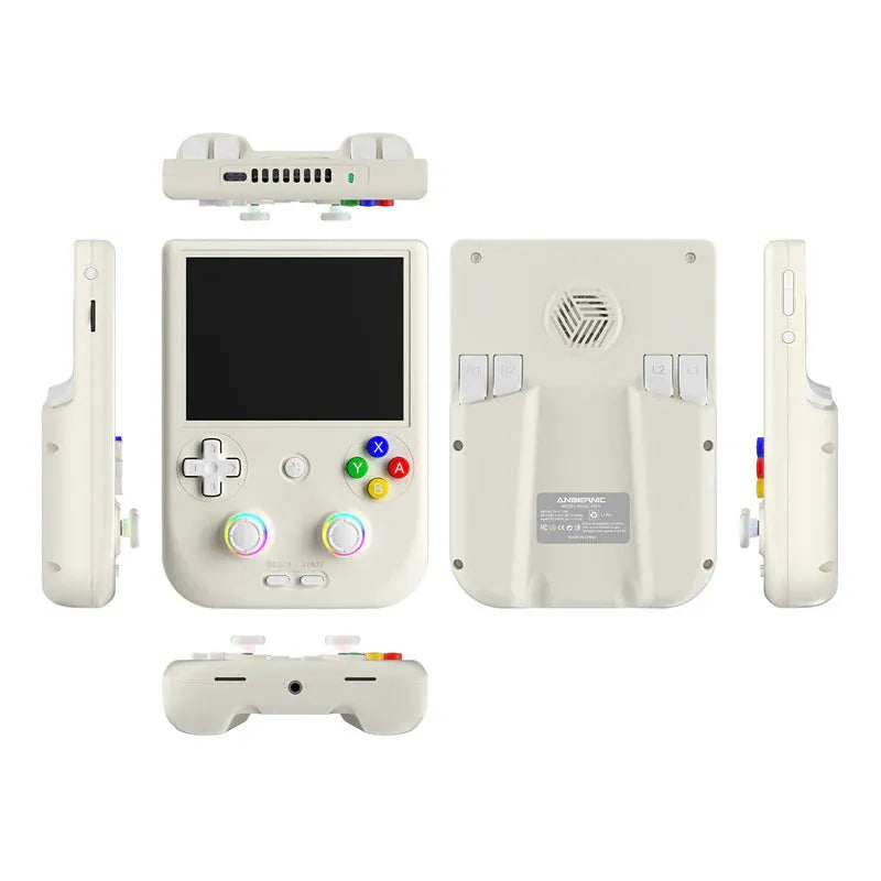 White handheld gaming console with multiple views on a white background