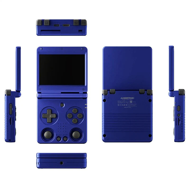 Blue handheld gaming console with multiple views on a white background