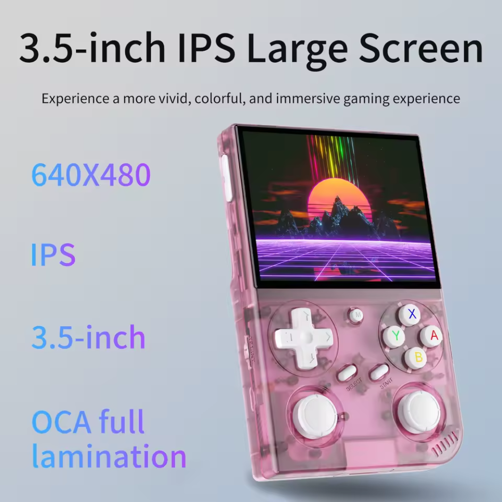 Pink handheld gaming console with 3.5-inch IPS screen on a light gray background
