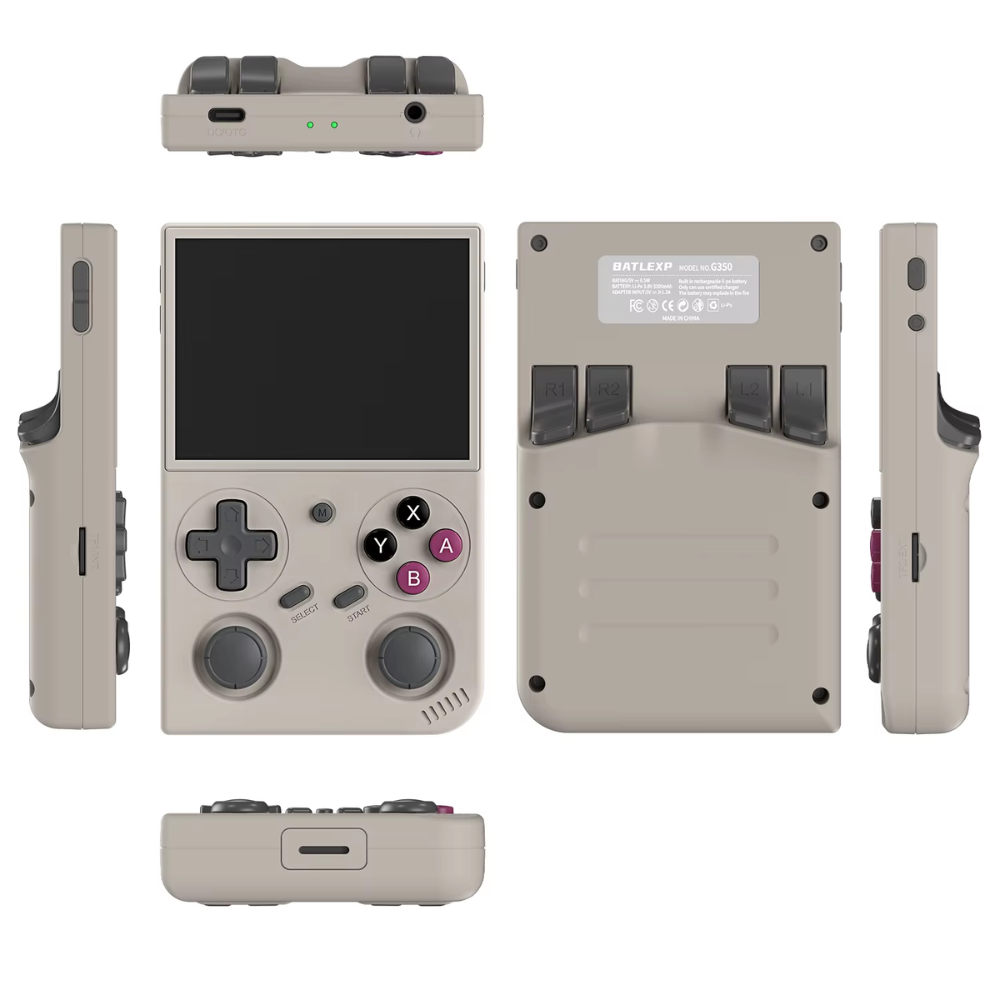Beige handheld gaming console with multiple views on a white background