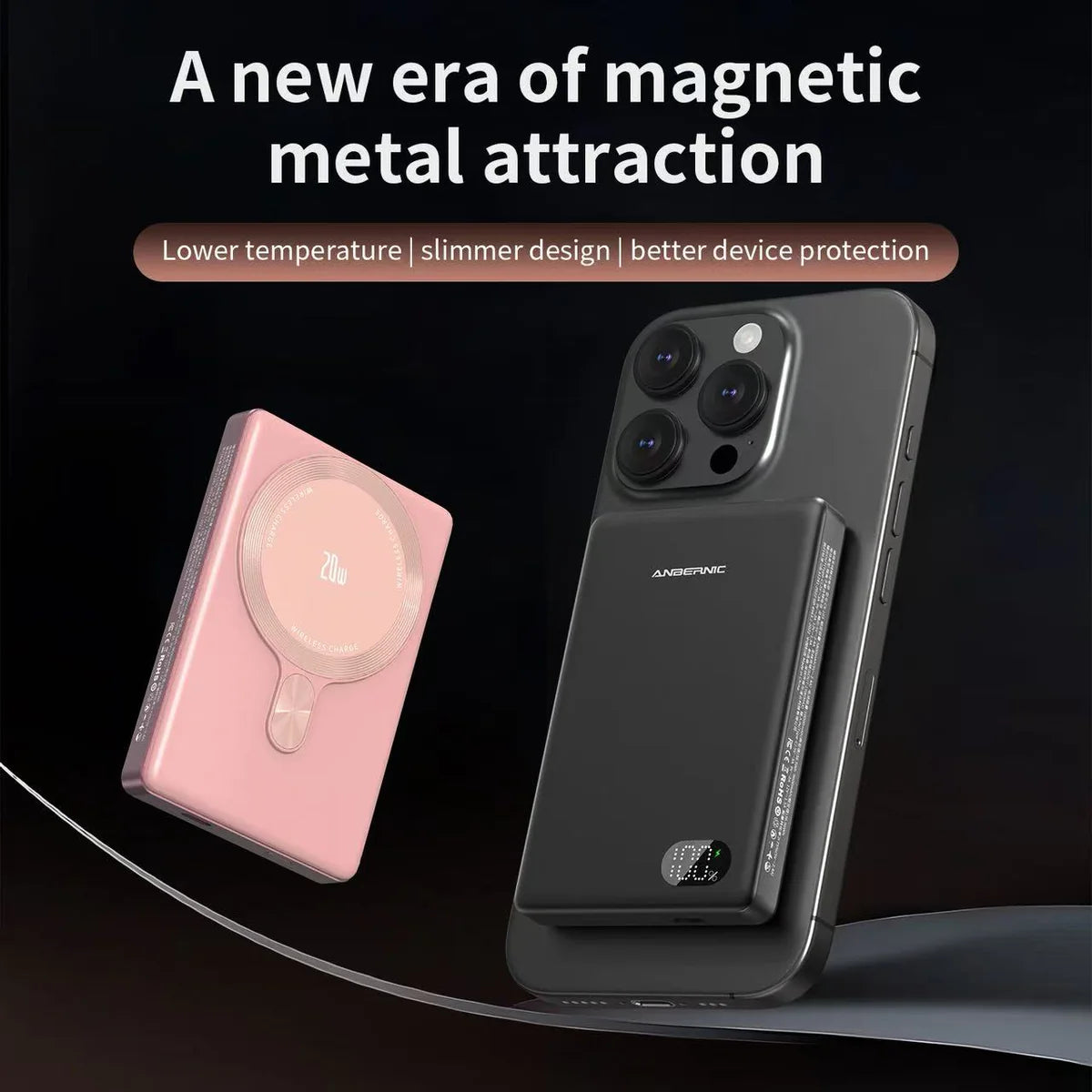 Smartphone with a magnetic power bank on the back of the phone on a dark background, featuring text about magnetic metal attraction benefits.
