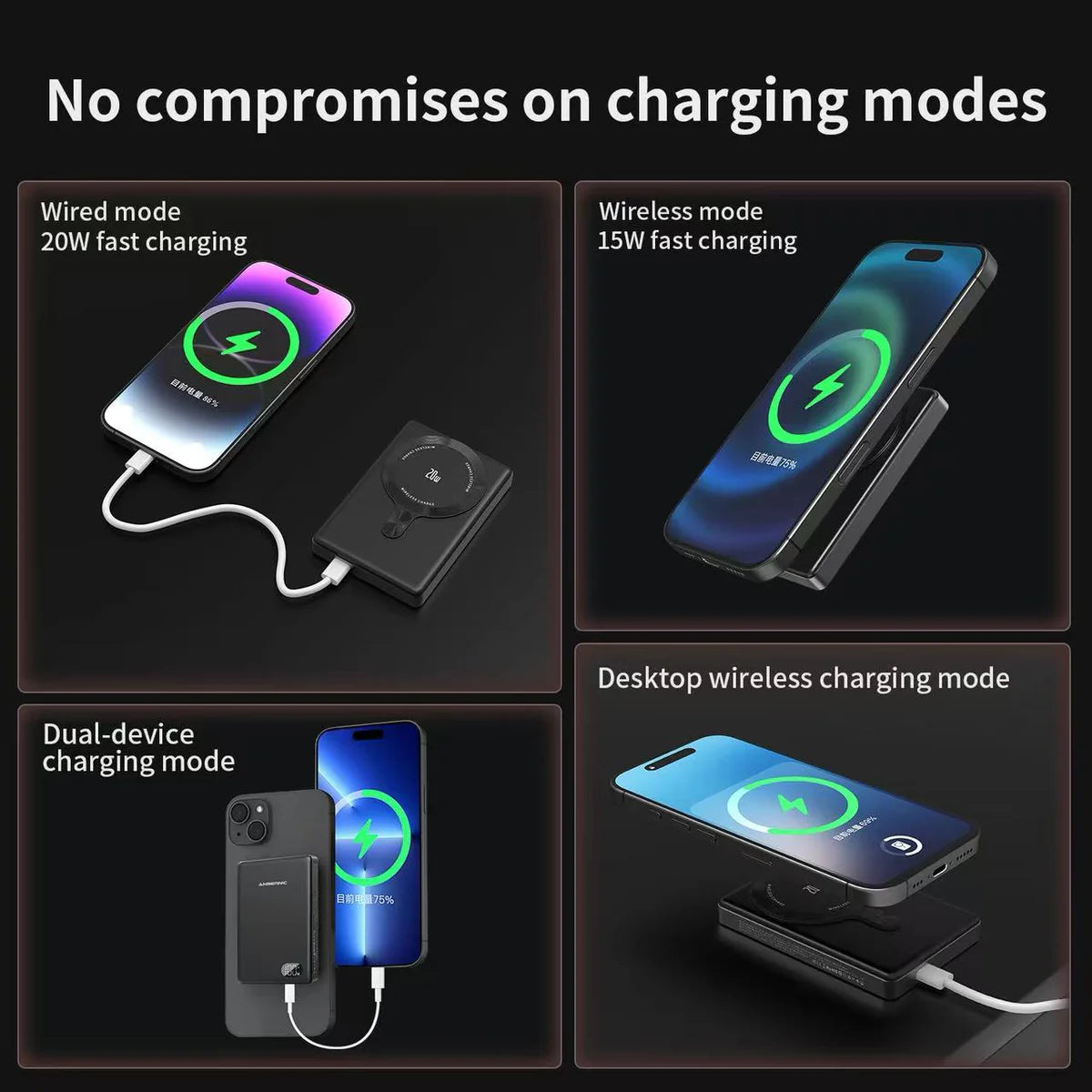 Various charging modes of a smartphone with text on a black background
