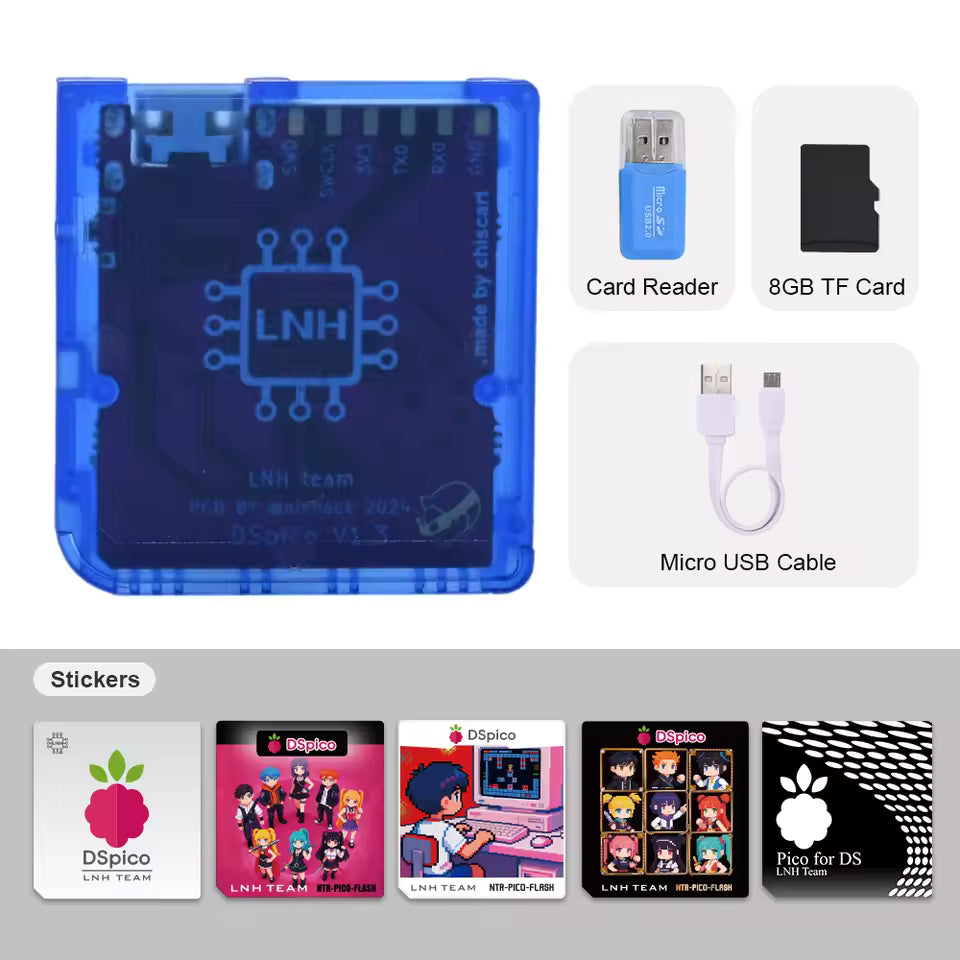 Collection of electronic components and accessories including a blue card reader, 8GB TF card, micro USB cable, and stickers on a white background.