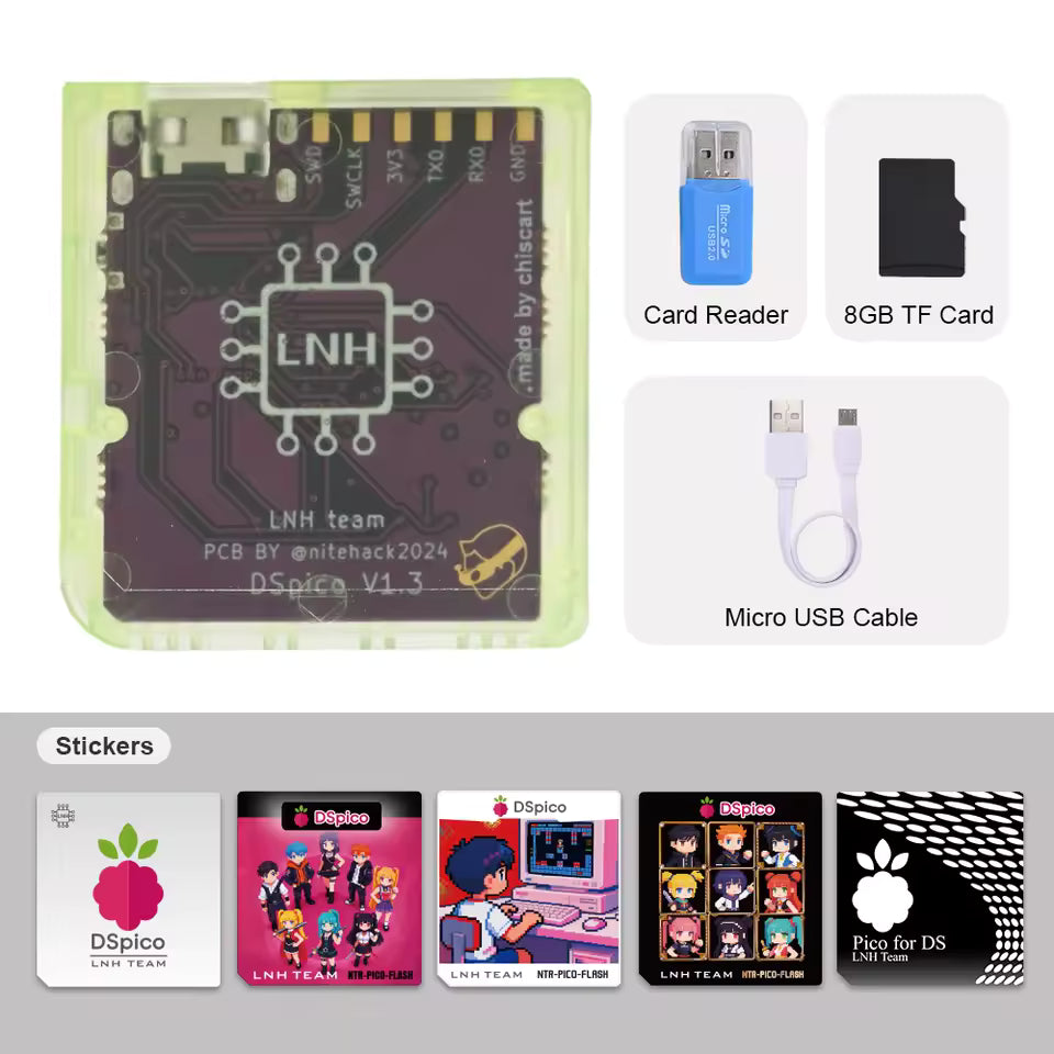 Electronic components and accessories including a PCB, card reader, TF card, micro USB cable, and stickers on a gray background.