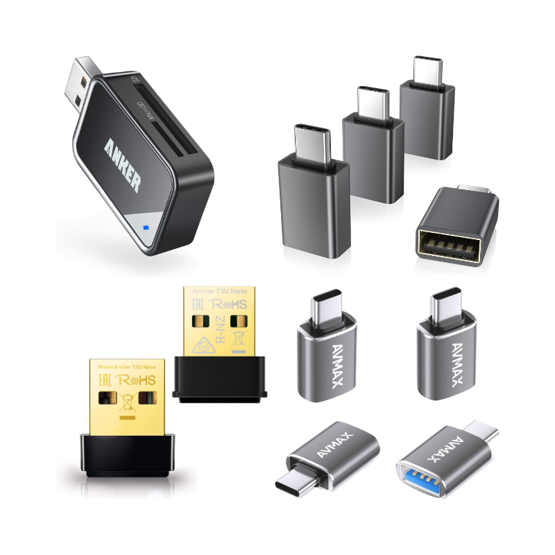 Collection of USB adapters and drives on a white background