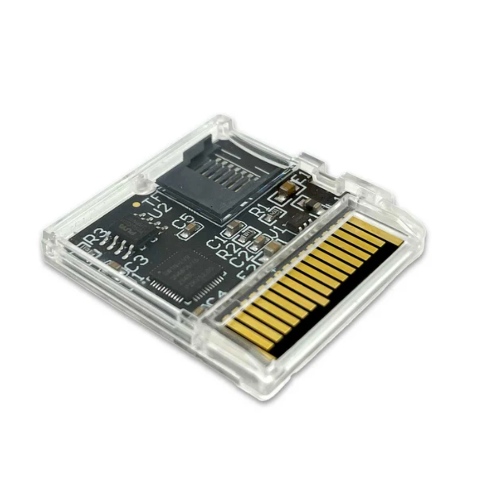 SD card with clear plastic casing on a white background