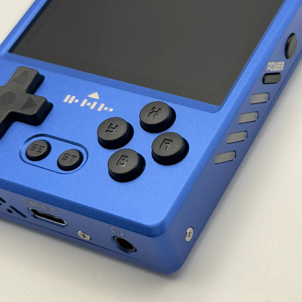 Blue handheld gaming console with black buttons on a white background