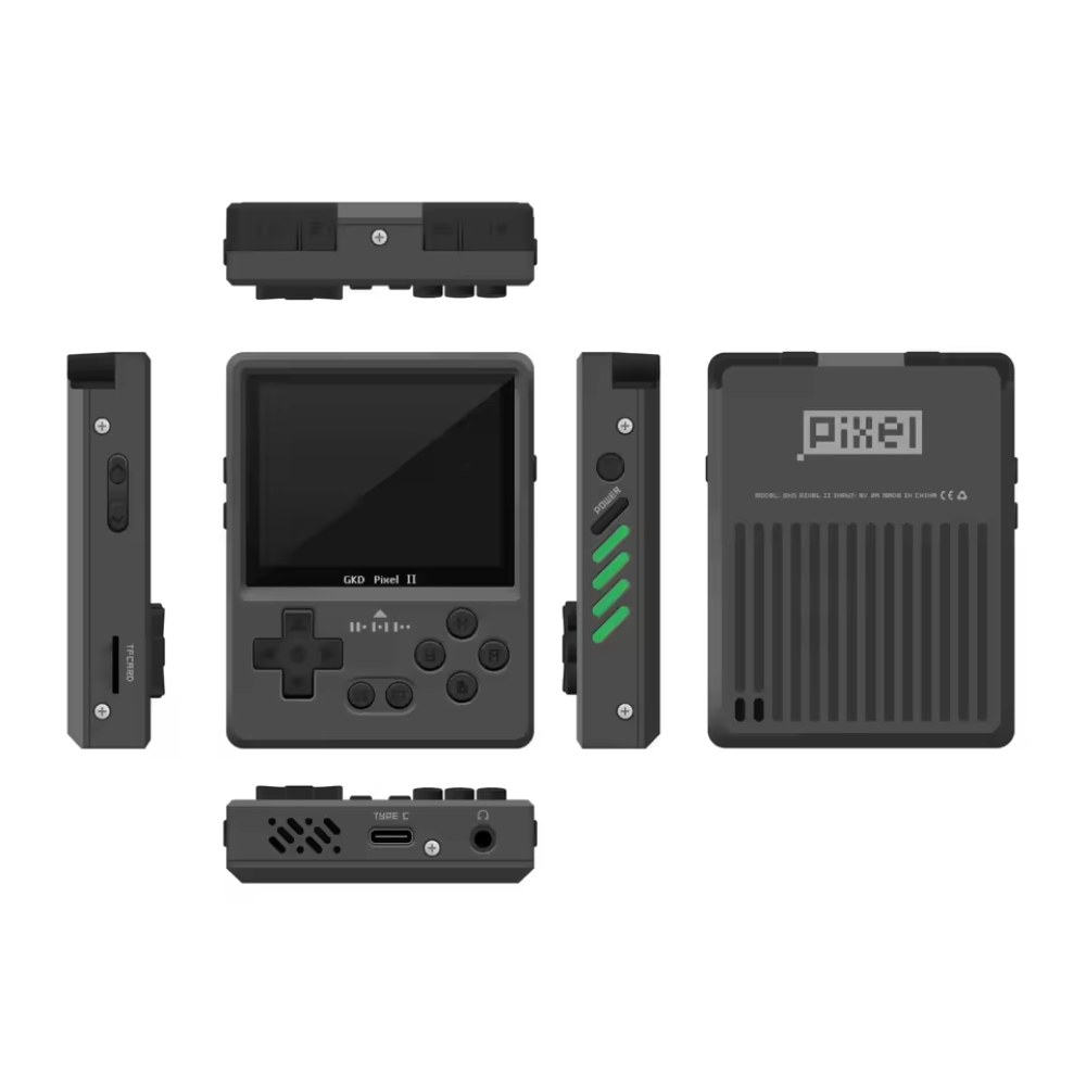 Black handheld device with multiple views on a white background