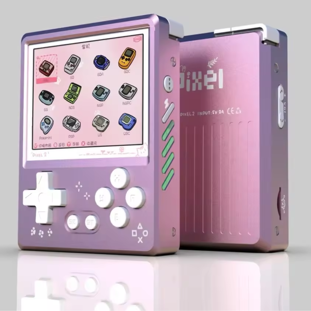 Purple handheld gaming console with screen displaying game icons on a light gray background