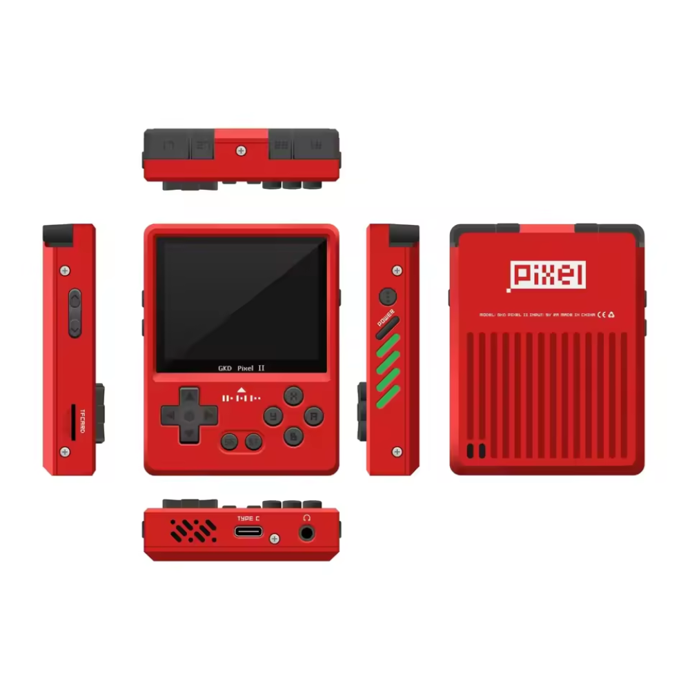 Red handheld gaming console with multiple views on a white background
