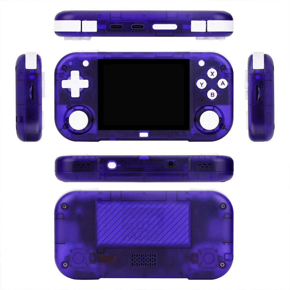 Transparent purple handheld gaming console from multiple angles on a white background