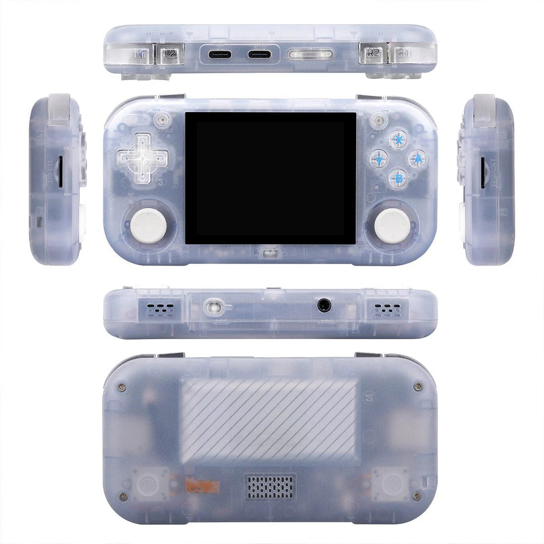 Transparent protective case for a handheld gaming device on a white background