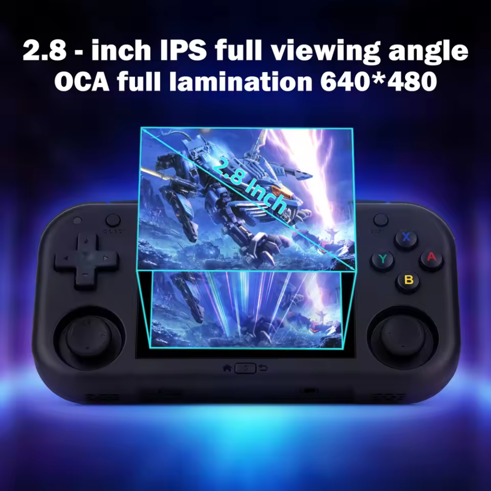 Handheld gaming console with a 2.8-inch IPS screen displaying a robot graphic.