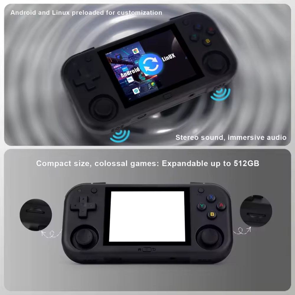Handheld gaming console with Android/Linux preloading, stereo sound, and expandable storage.