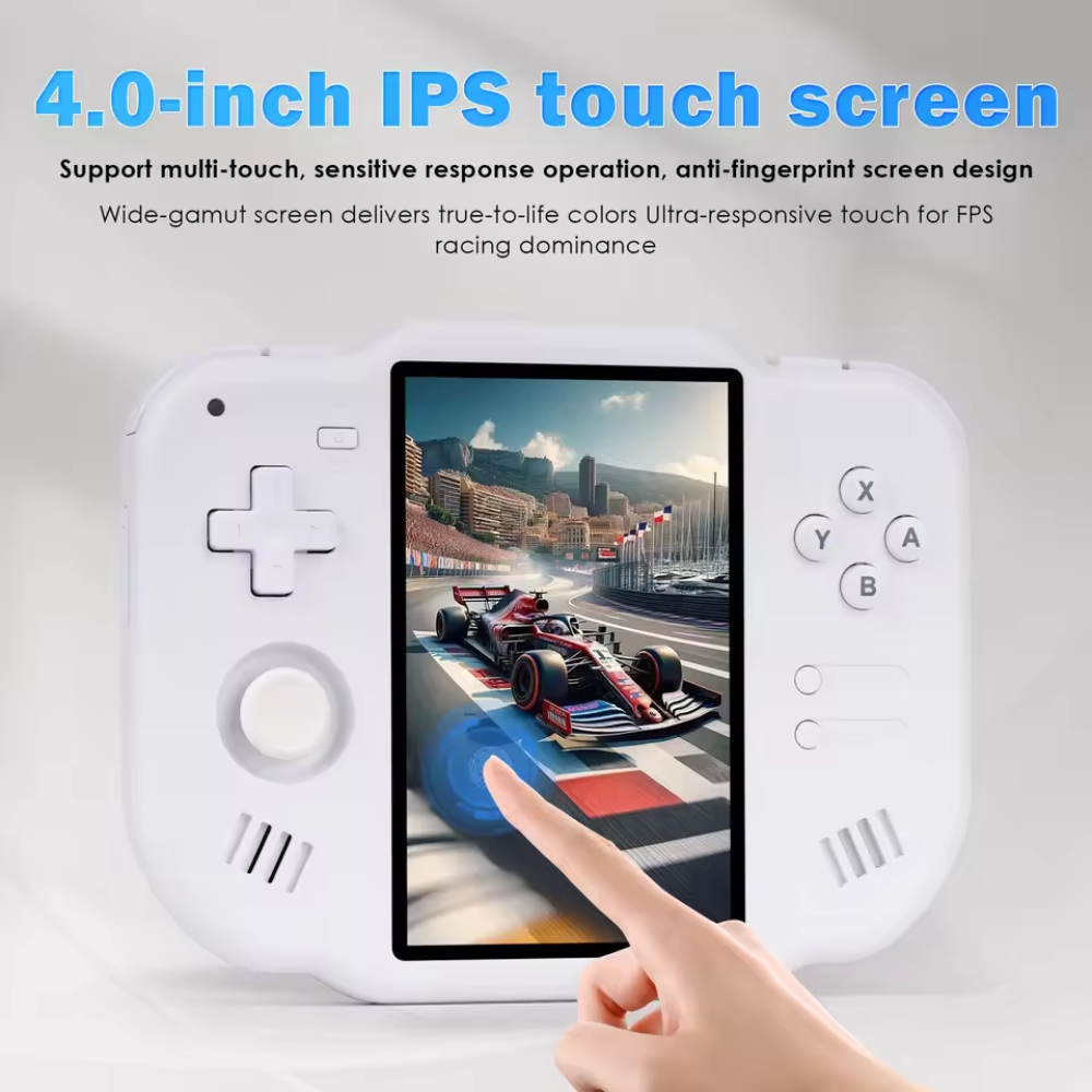 Handheld gaming console with 4.0-inch IPS touch screen displaying a racing game.