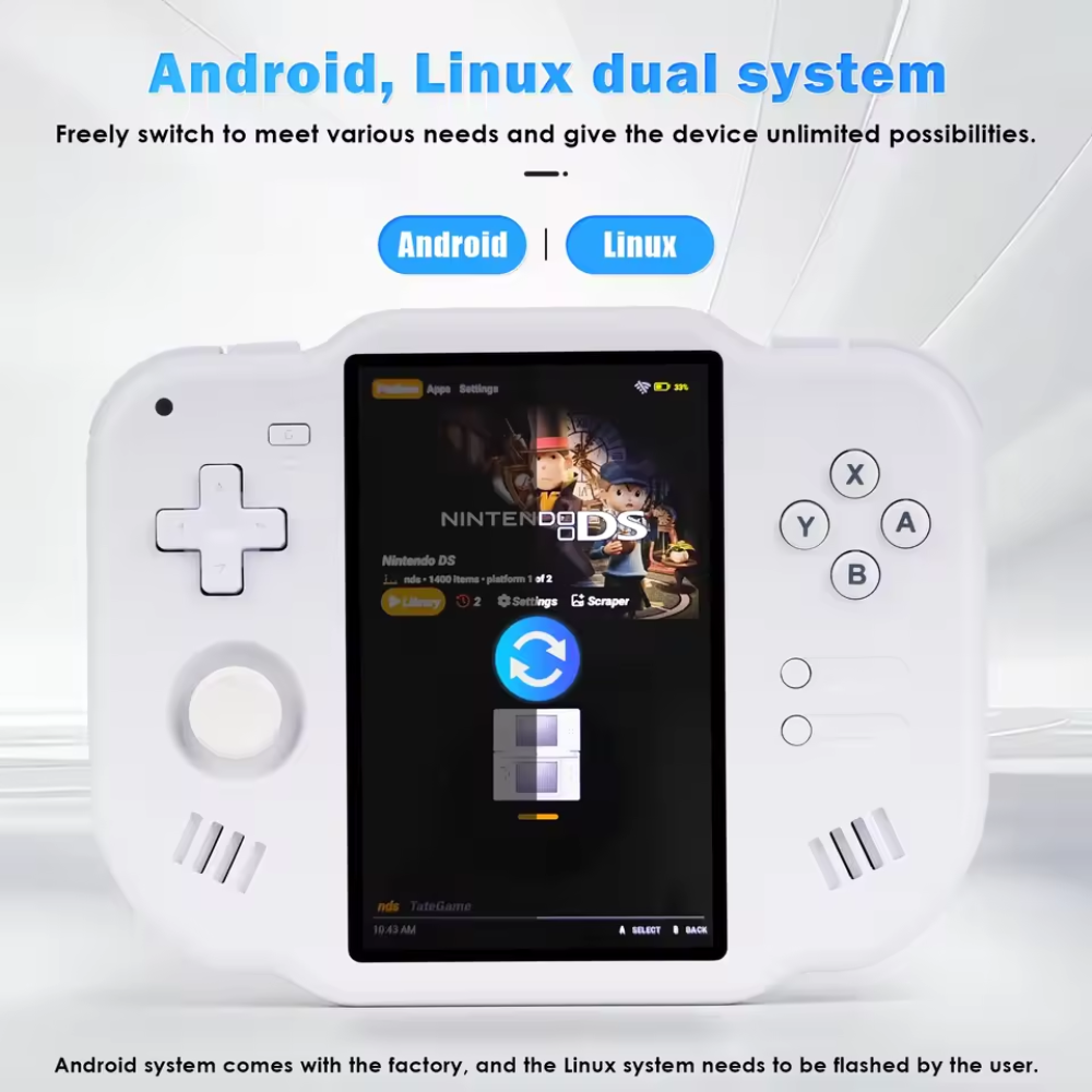 Handheld gaming console with Android and Linux dual system features on a white background.