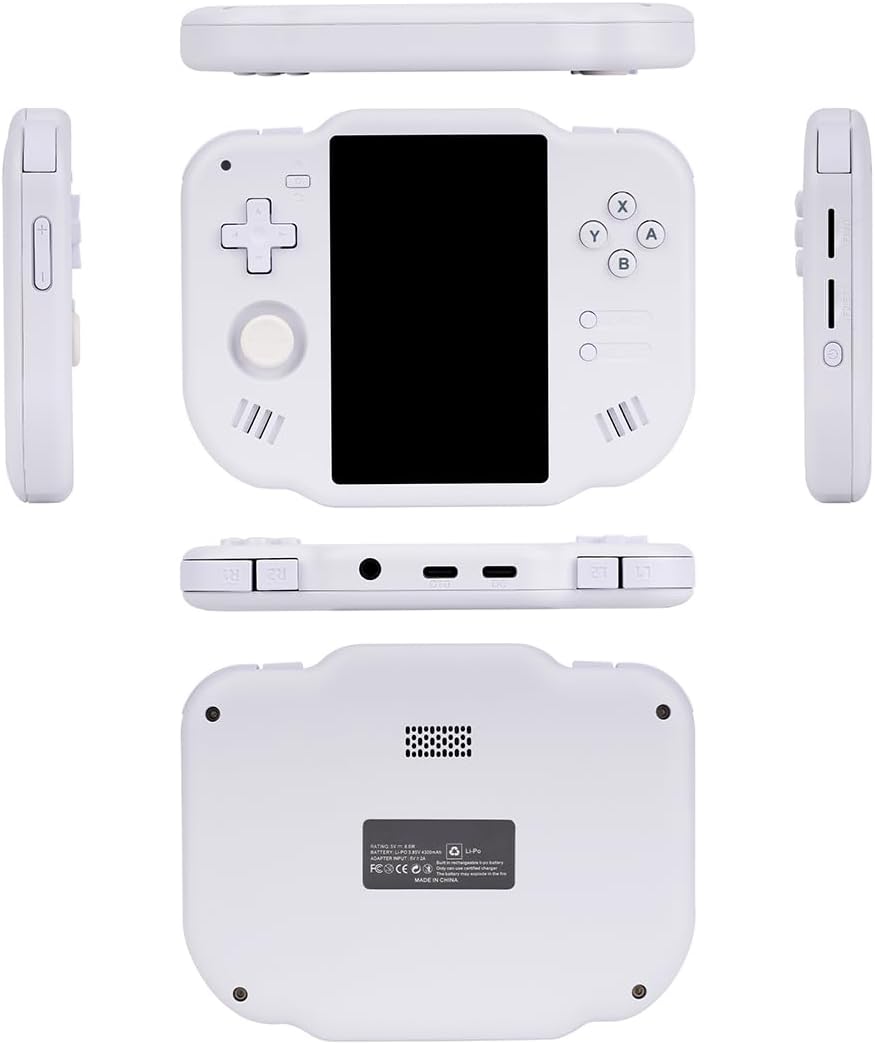 White handheld gaming console from multiple angles on a white background