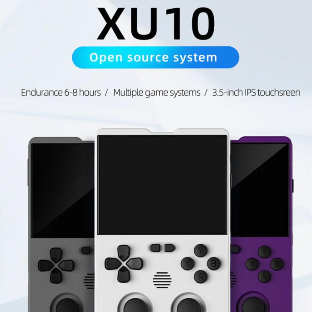 Three handheld gaming devices with XU10 branding and specifications listed.