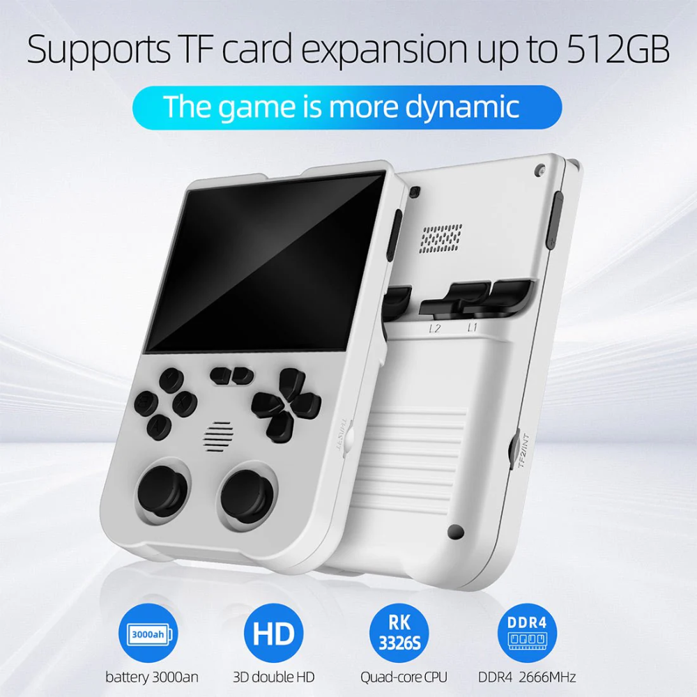Handheld gaming console with screen and controller on a white background, featuring text about TF card expansion and technical specifications.