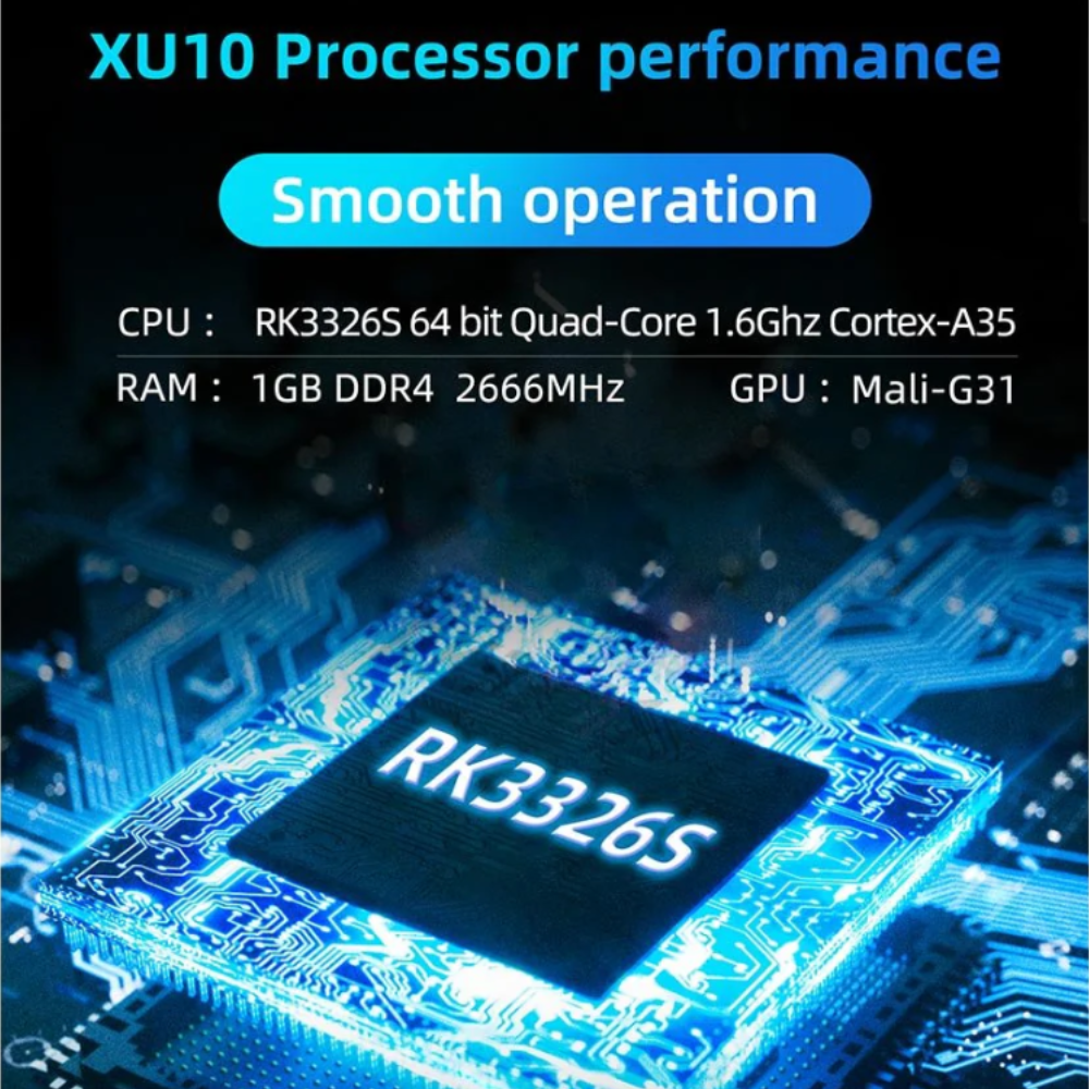 XU10 processor performance with RK3326S chip on a circuit board background