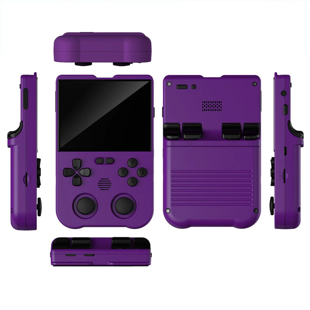 Purple handheld gaming device with multiple views on a white background