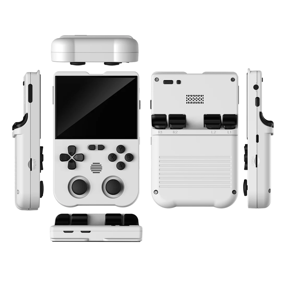 White handheld gaming console with multiple views on a white background
