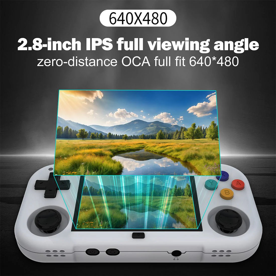 Handheld gaming console with a display showing a scenic landscape on a dark background.