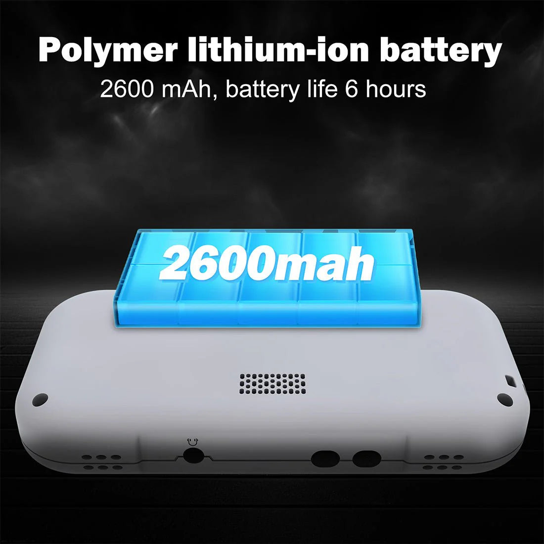 Handheld with a highlighted polymer lithium-ion battery showing '2600mAh' on a dark background.